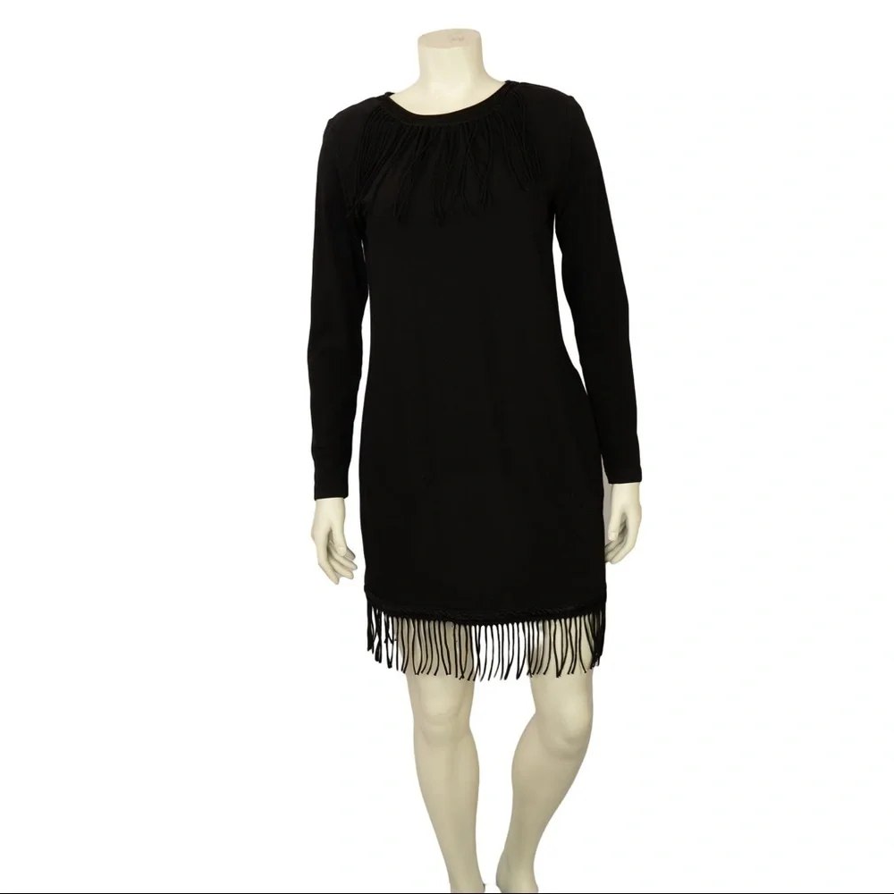 European Culture Knee Length Fringe Dress w/ Tags, Black, Size: XXL | IT 16